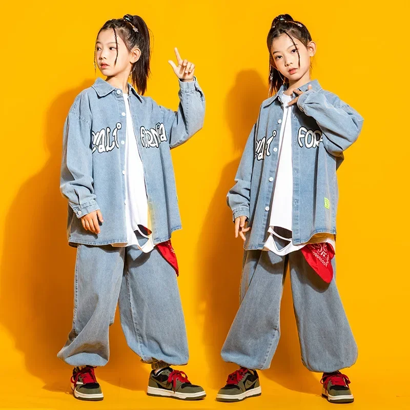 Baggy Pants for Girls Boys Jazz Dance Costume Clothes Kid Hip Hop Clothing Long Sleeve Denim Blue Shirt Casual Streetwear Jeans