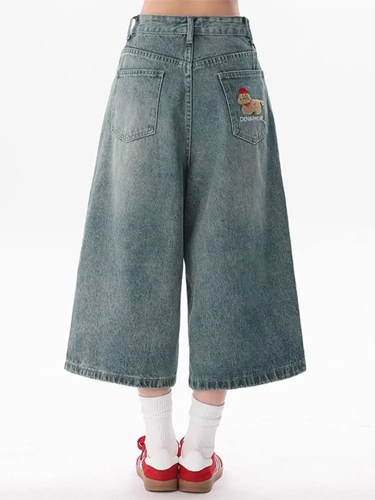 Vintage Women's Loose Cartoon Applique Denim Capri Pants High Waist Straight Wide Leg Loose Summer Calf-Length Jeans lady