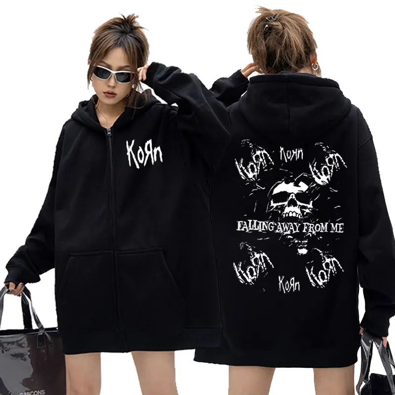 Rock Band Korn Falling Away From Me Print Zipper Hoodie Male Vintage Skeleton Graphic Zip Up Hoodies Men Gothic Oversized Jacket