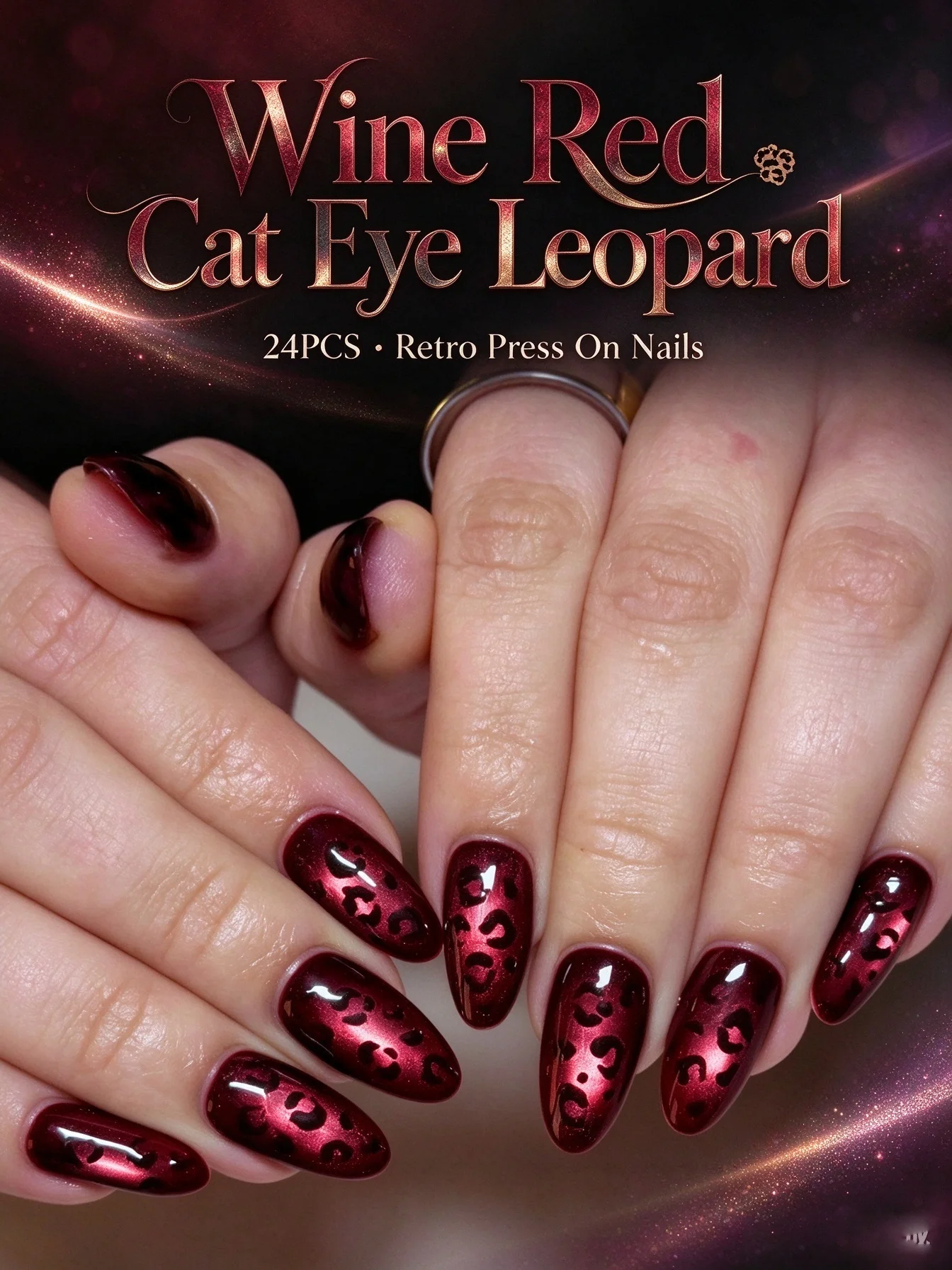 24Pcs Cat Eye Wine Red Press on Nails Retro Leopard Print Elegant Skin-Flattering European INS Style Removable Fals Nails