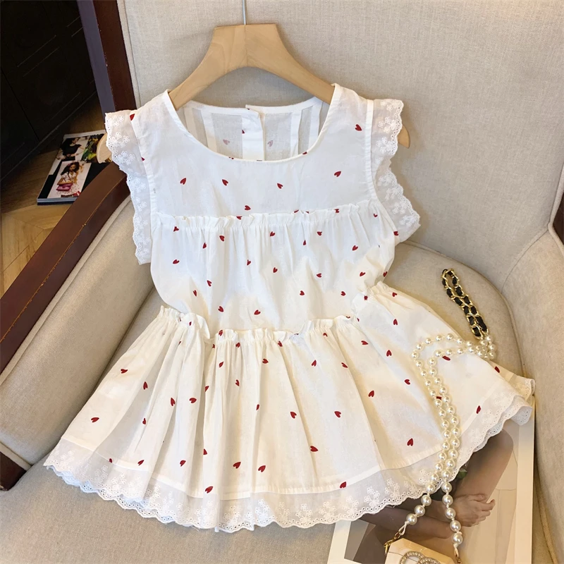 

Корейская стильная женская летняя блузка с круглым вырезом и рукавами-крылышками в горошек, уникальный дизайн, модный топ-жилет из хлопка, оригинальный дизайн