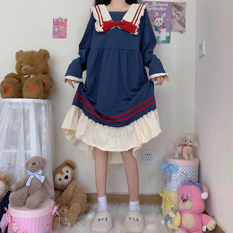 Autumn Kawaii New Japanese Sailor Collar Dresses Sweet Temperament Navy bowknot School Uniform Girls Cute Casual Dress