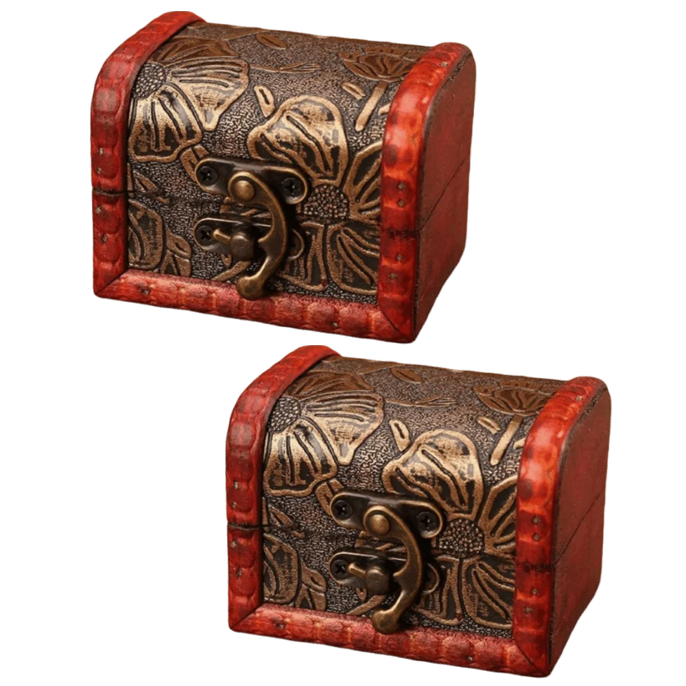 2pcs 8 x 6 x 6 cm Wooden Jewelry Box Composite Wood Vintage Map Print Small Jewelry Box Wine‑Red Edge Trim