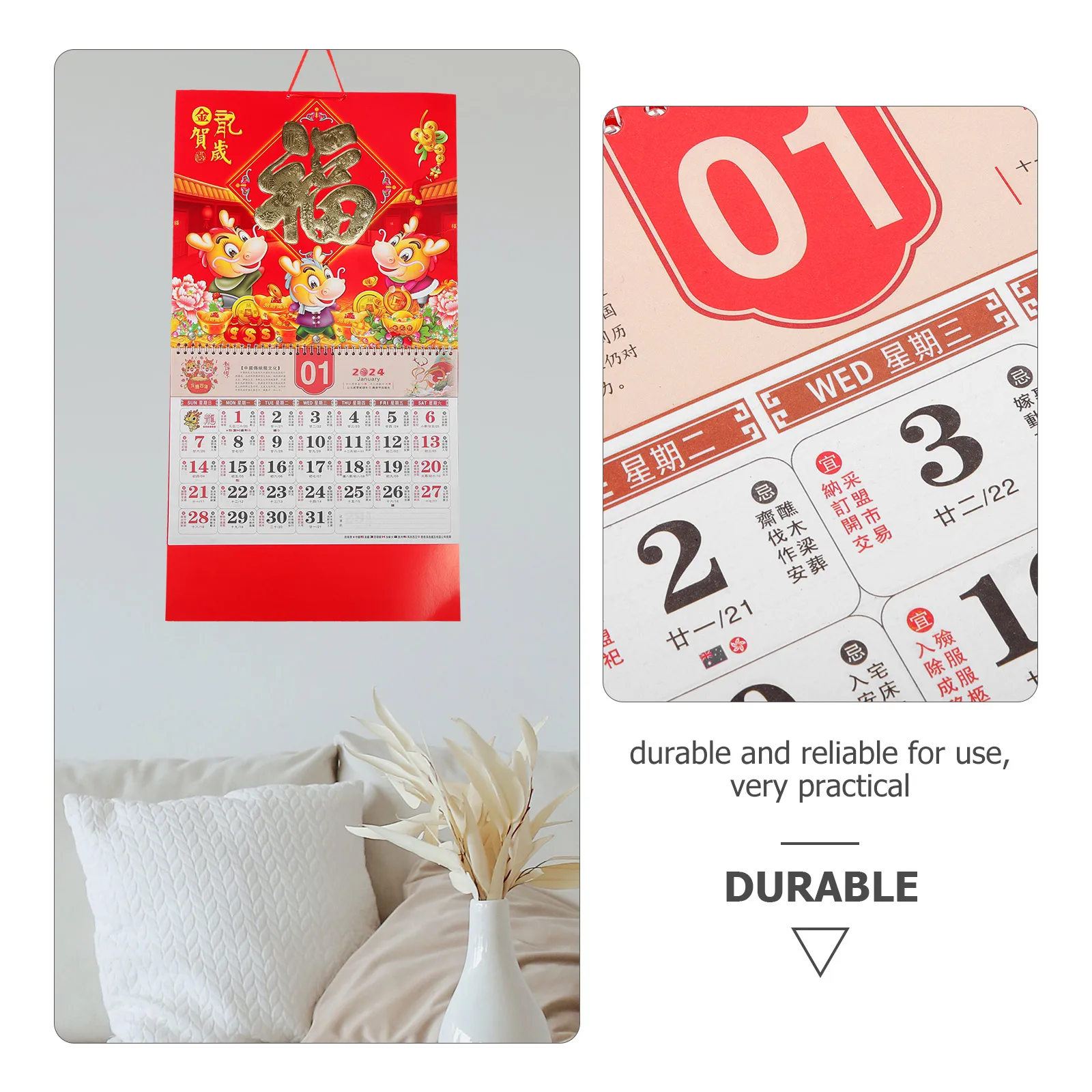 

2024 Dragon Year Calendar Wall Scroll Hanging Monthly Chinese Style Office Accessories Clear Printed Traditional Daily