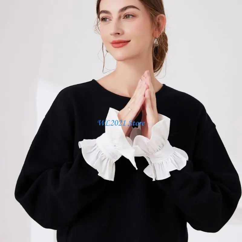 

G5GC Women Fashionable Ruffle Faux Collar Cuffs Sleeves Set For Office Wear Outfits
