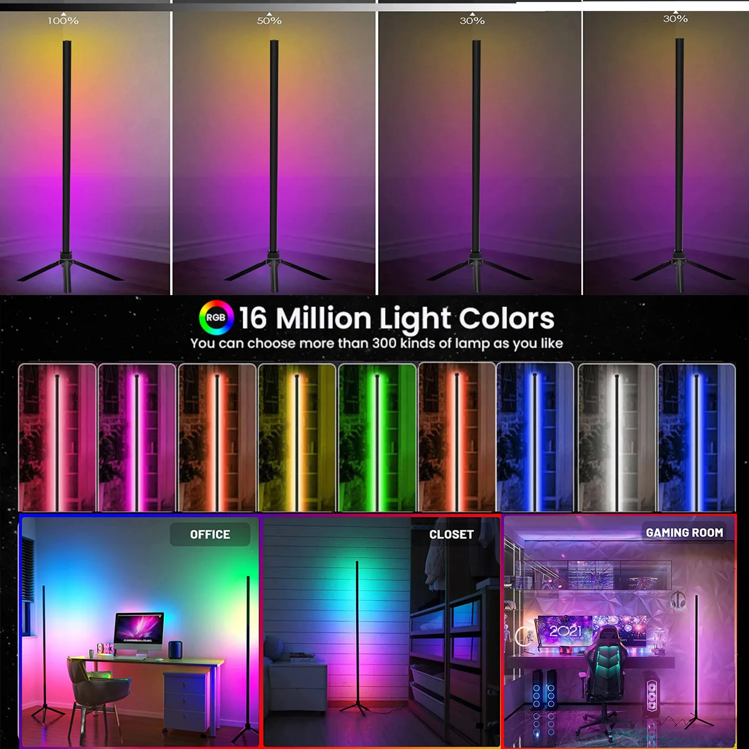 47 inch RGB LED Floor Lights Bar Ambient Backlight Voice Control Synchronous Rhythm tripod tuya lamp Gaming stand Lighting 120cm