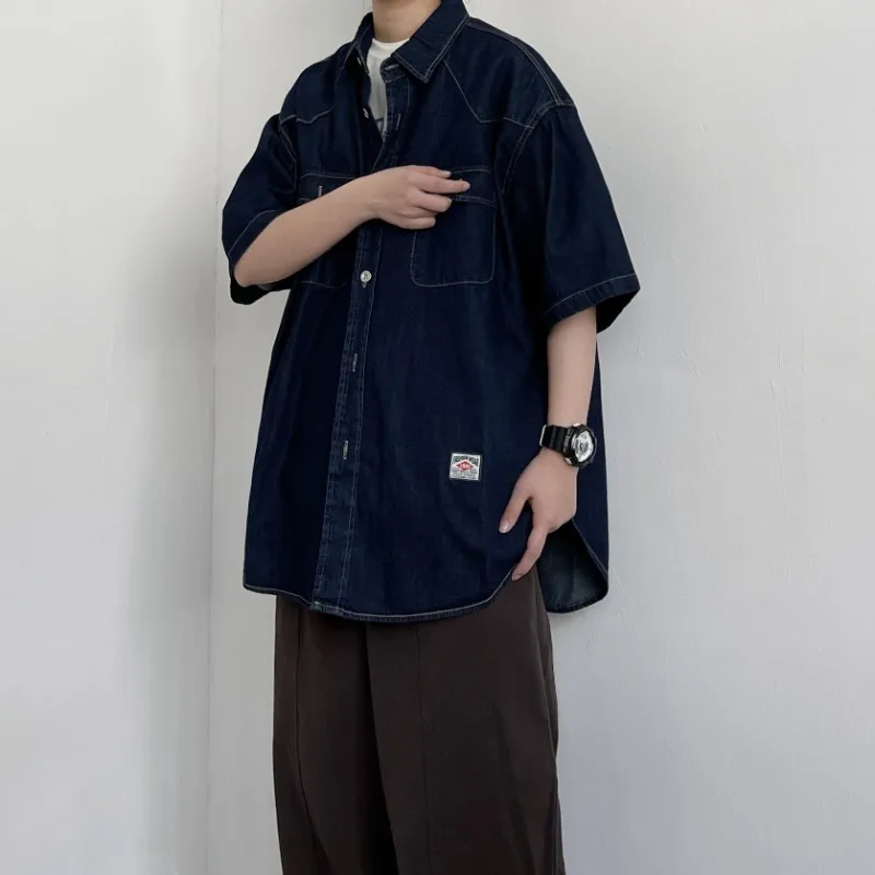 Cityboy Japanese Thin Short Sleeved Denim Shirt for Men Trendy Casual Loose Fitting Workwear Shirt Summer Chest Pocket Top Tees