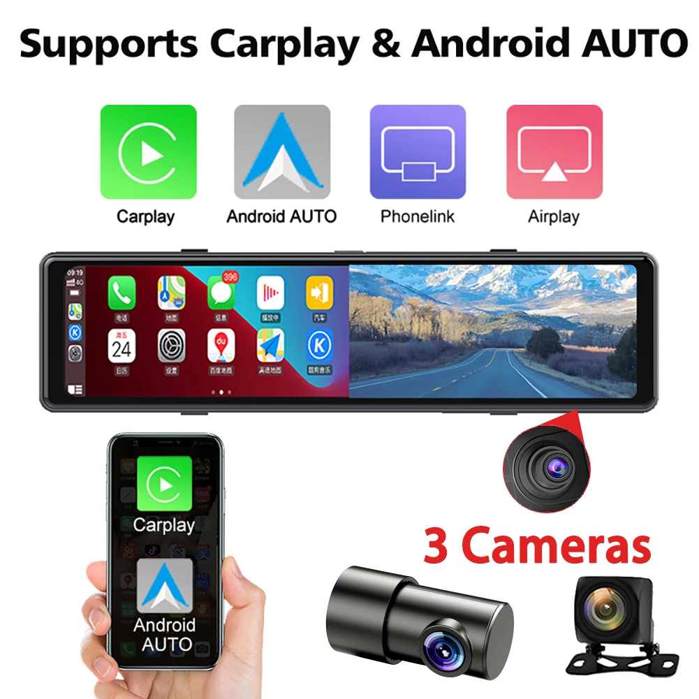 3 Cameras Dash Cam 1080P Car Mirror Video Recording Carplay & Android Auto Wireless Connection WiFi Miracast GPS Navigation DVRs