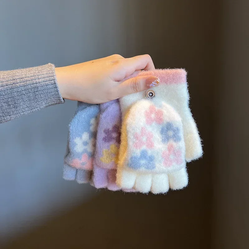 Guantes cálidos con solapa para mujer, guantes de medio dedo, lindos guantes de felpa sin dedos, Invierno para estudiantes