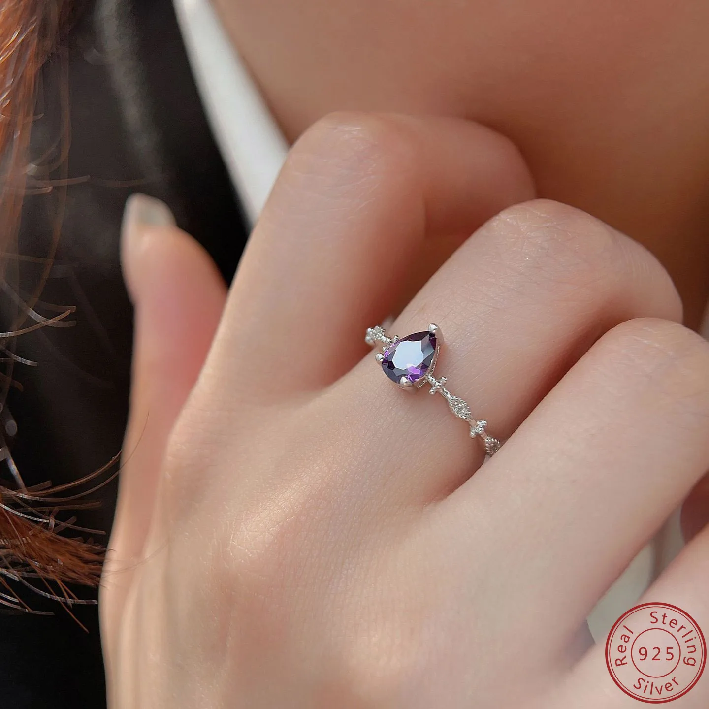 2023 New 100% S925 Sterling Silver Purple Water droplet Ring Personalized Engagement Ring Simple Design Women\'s Ring