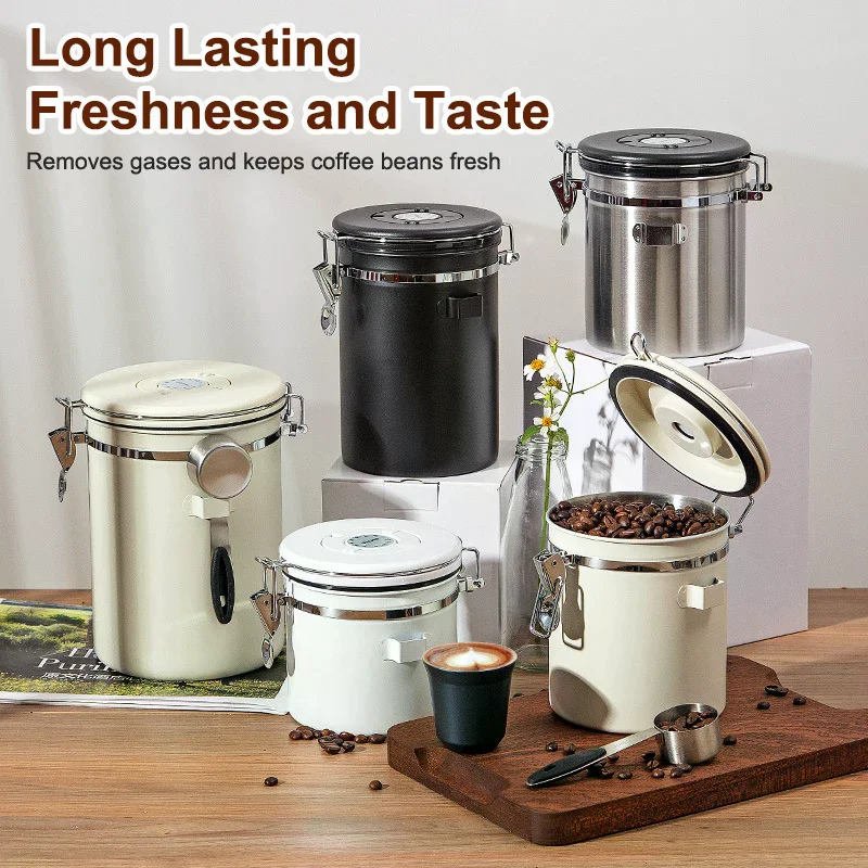 1.2 1.5 1.8L Coffee Bean Jar Airtight Canister Sealed Stainless Steel With Spoon One Way Valve Cannister Coffee Storage Kitchen view 2