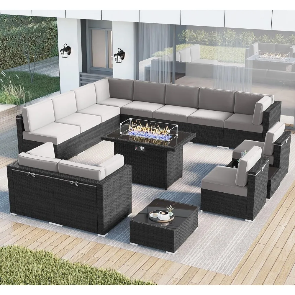 15 Piece Patio Furniture Set with Fire Pit Table, Outdoor Conversation Sets Wicker Rattan Sectional Sofa with Coffee Table