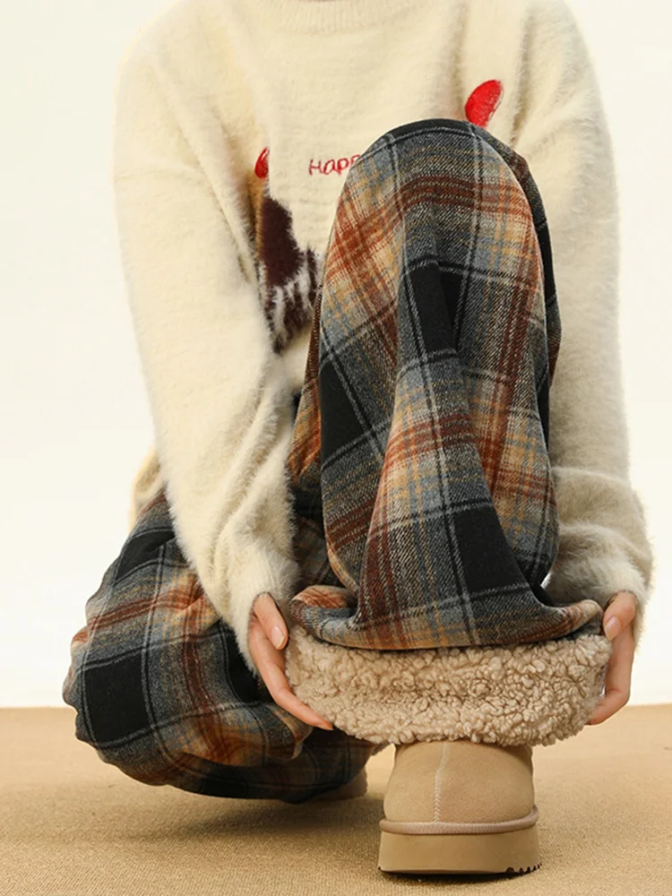 

Retro American Plaid Men's Winter Thiened Fce Cotton Straight Leg Wide Leg Pants Warm Casual Trousers for Teens