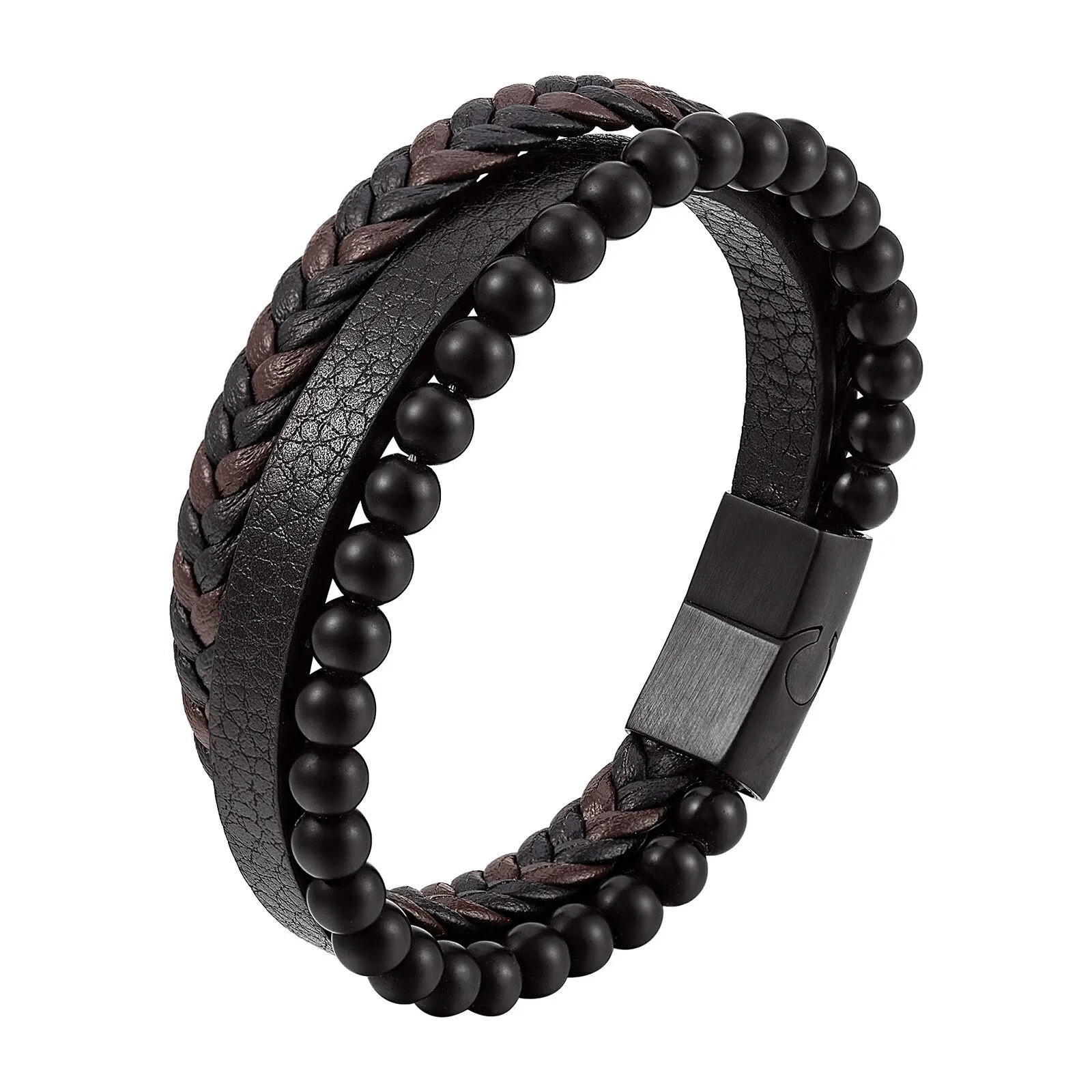 Men Classic Fashion High Quality Leather Bracelet Obsidian Beaded Multi Layer Leather Bracelet For Men Jewelry Gift image 3