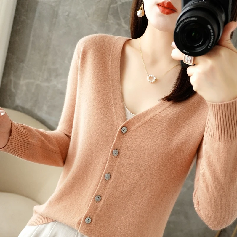 2024 Spring And Autumn New Women\'s V-neck Cardigan Solid Color Long-sleeved Cardigan ZD035