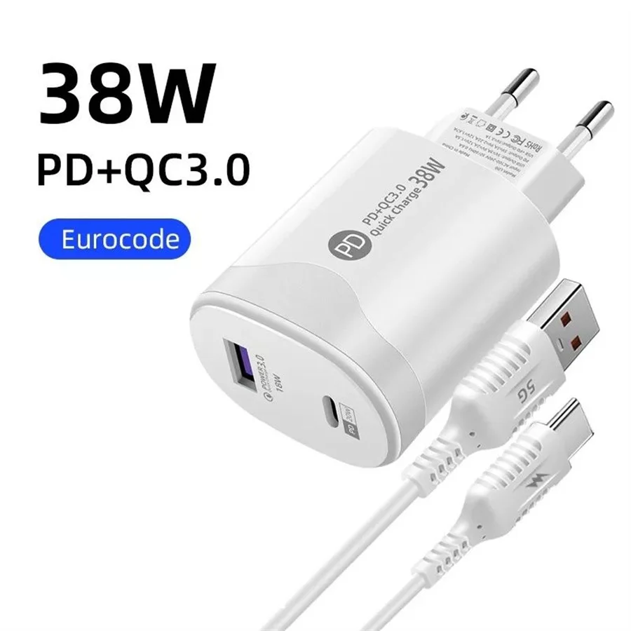 Tatal 38W Wall Charger Quick Charge PD20W Power3.0 Fast Charging Adapter with USB Type C Cable for for Xiaomi iPhone Samsung