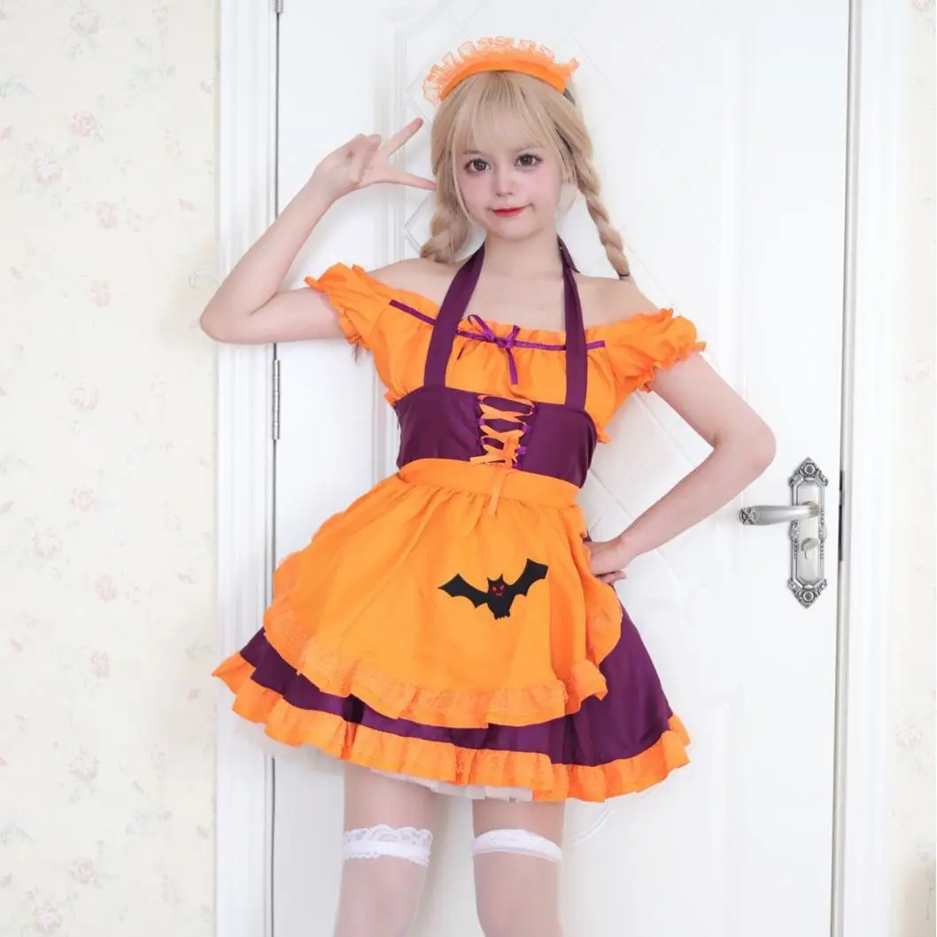 Halloween Cosplay Maid Costume for Women Bat Pattern Embroidered Gothic Servant Dress Halloween Party Vampire Witch Role Play view 3