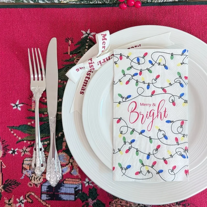 16 قطعة 33*40 سنتيمتر 3-layer عيد الميلاد تحت عنوان المناديل أضواء النيون الملونة ، قاعدة بيضاء المتاح ورقة المفارش DIY Decoupage ورقة