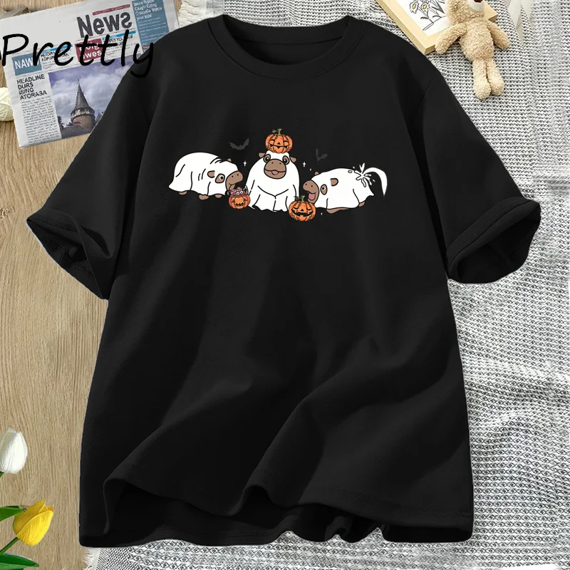 Moo Deng Baby Pygmy Hippo T-shirt Halloween Trendy Pumkin Funny Tshirt Fall Cotton Short Sleeve T Shirt Women's Clothing