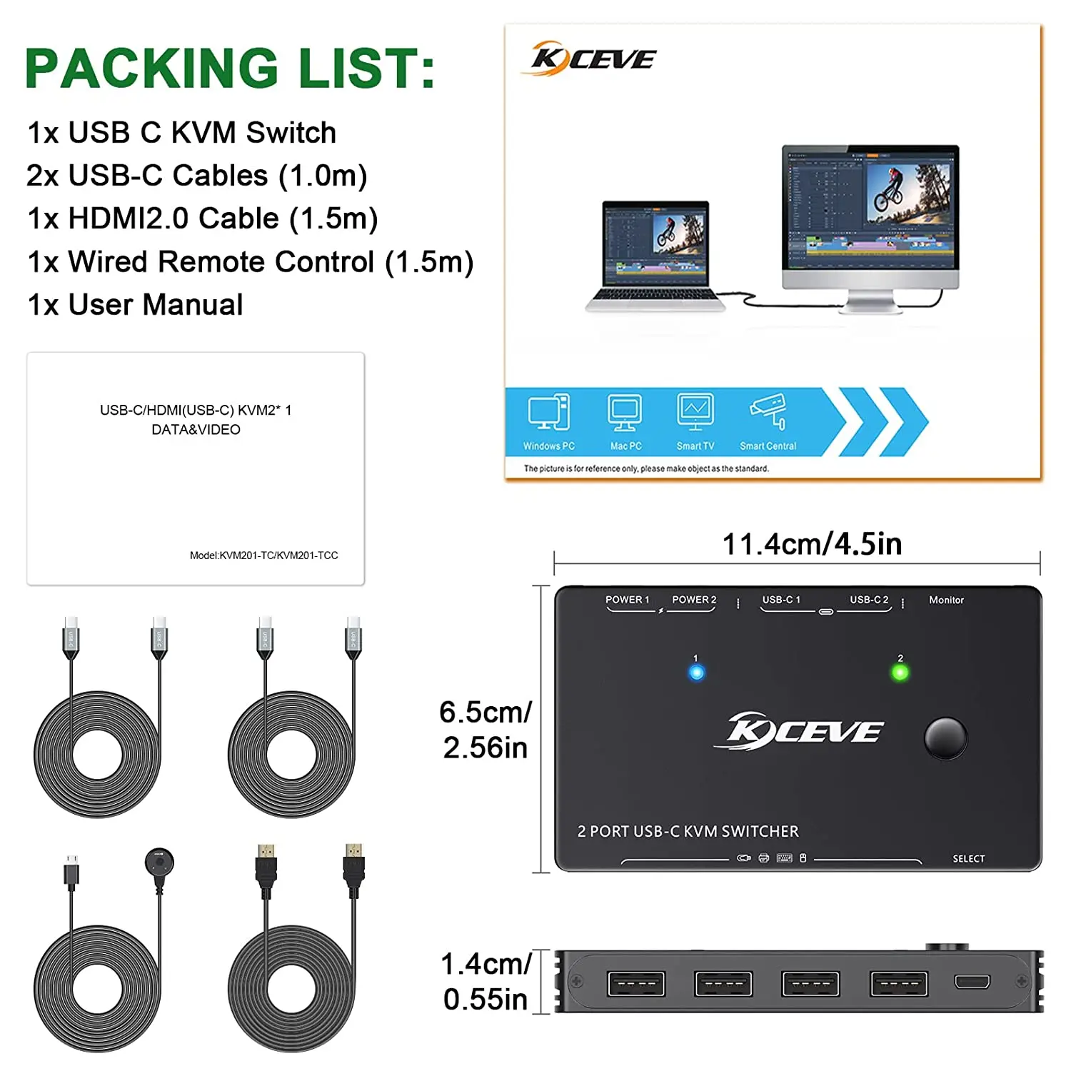 Imagem -06 - Kceve-usb Interruptor Kvm Tipo-c 4k @ 60hz Interruptor Usb c para Computadores Compartilhar Monitor e Dispositivos Usb pd 100 w de Potência