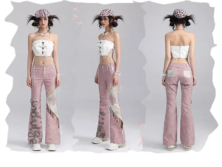 Sweet Lace-up Hollow Gray Plaid Fashion Slim Trousers Spring Summer Street Girl Low Waist Versatile Age-reducing Street Pants