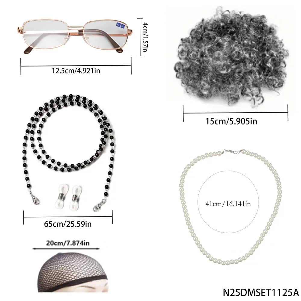 Conjunto de Disfraz de Anciana, Peluca de Abuela con Bastón, Bolso y Gafas, Disfraz de Halloween, Accesorios para Disfraz de 100 Días de Escuela