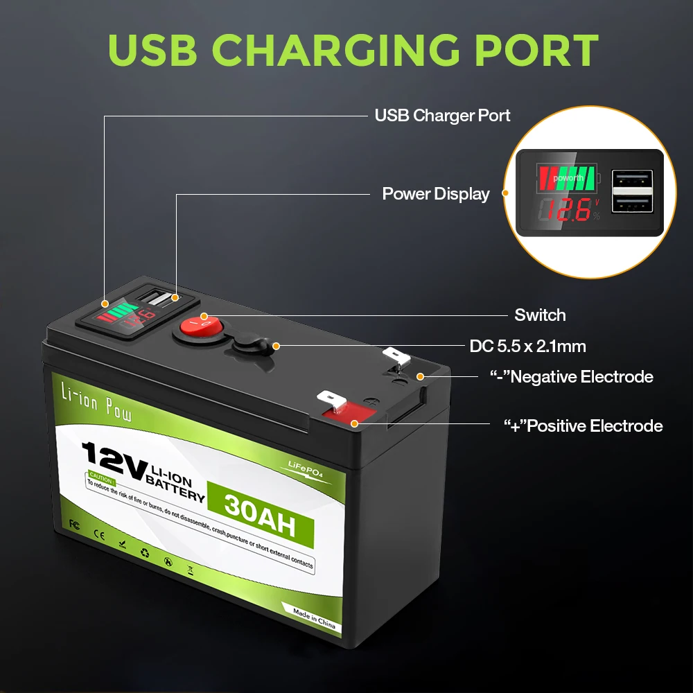 12V 30Ah Lithium LiFePO4 Deep Cycle Battery, 4000+ Cycles Rechargeable Battery for Solar/Wind Power,Small UPS,Lighting,and More