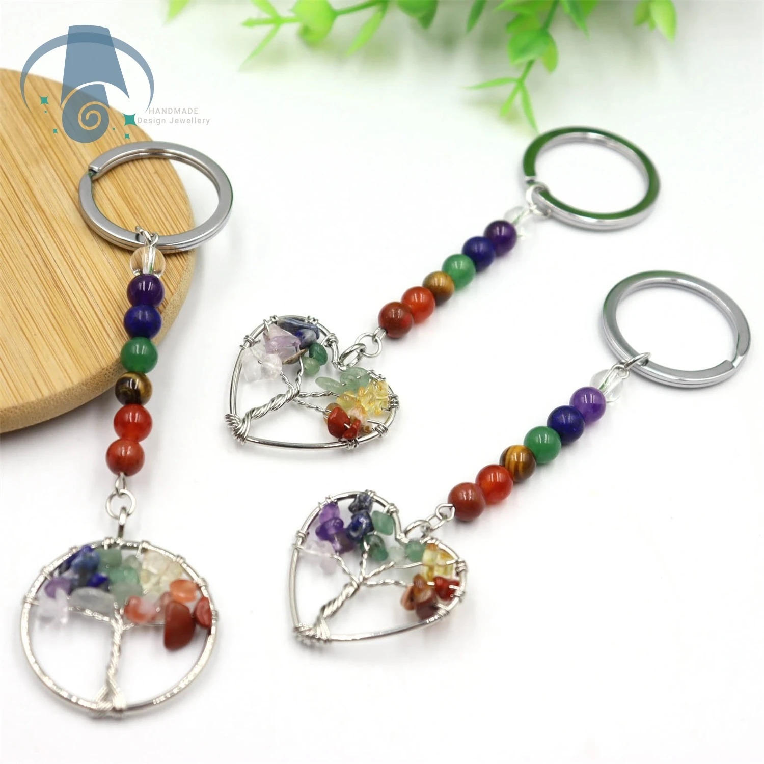 7 Chakra Gemstone Life Tree Pendant Keychain Healing Crystals Tumbled Stone Beads Keyring for Couple Best Friend Family