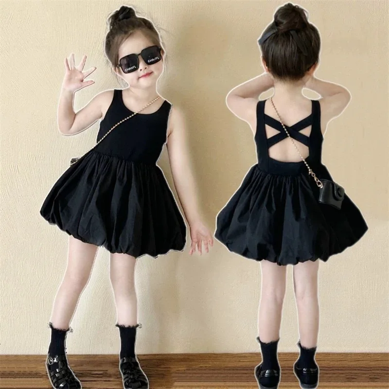 2026 Babys Girls Backless Sling Dress Cotton Solid Sleeveless Children Girls Dress Loose Flower Bud Dress For 2-7Y Kids Girls