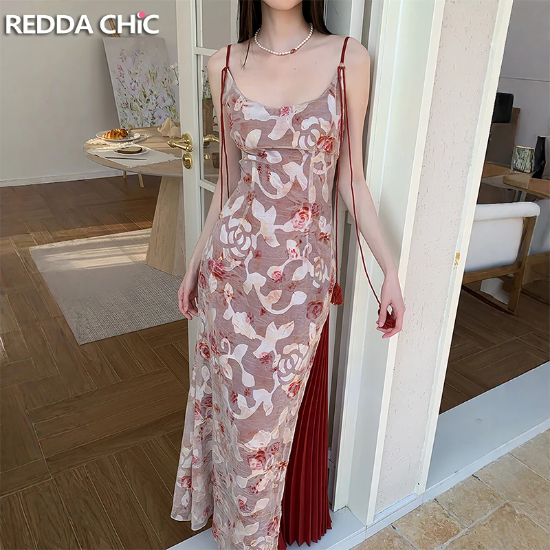 

ReddaChic Oriental Fringe Camisole Dress for Women Romantic Rose Pleat Backless Stitch Maxi Dress Retro Aesthetic Summer Clothes