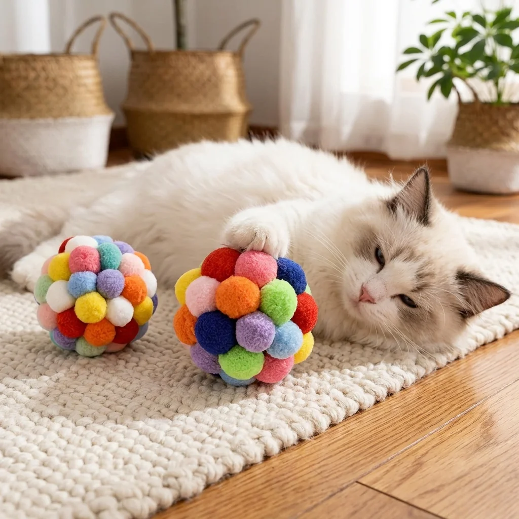 Pet Cat Ball Toy,Elastic Rebound Bell Ball,Interactive Self-Play Chew Toy for Indoor Cats & Kittens,Cat Teaser Toy, Random Color