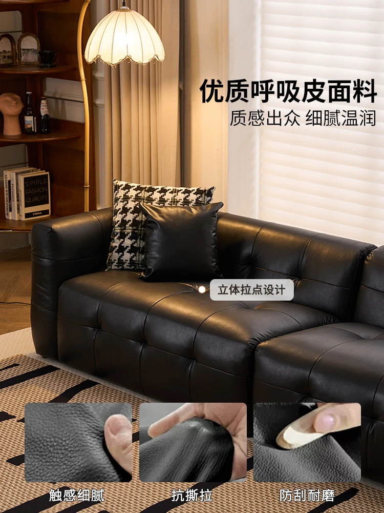 أريكة مارشميلو سوداء، شقة صغيرة، غرفة معيشة 2025، متجر ملابس فرنسي جديد، أريكة فنية جلدية لمشاهير الإنترنت