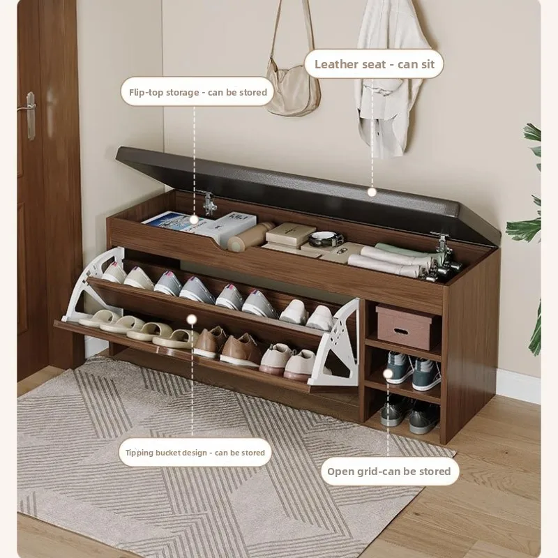 Simple shoe change stool, seated upholstered long stool at the entrance, multi-layer storage, tipping bucket, low shoe cabinet