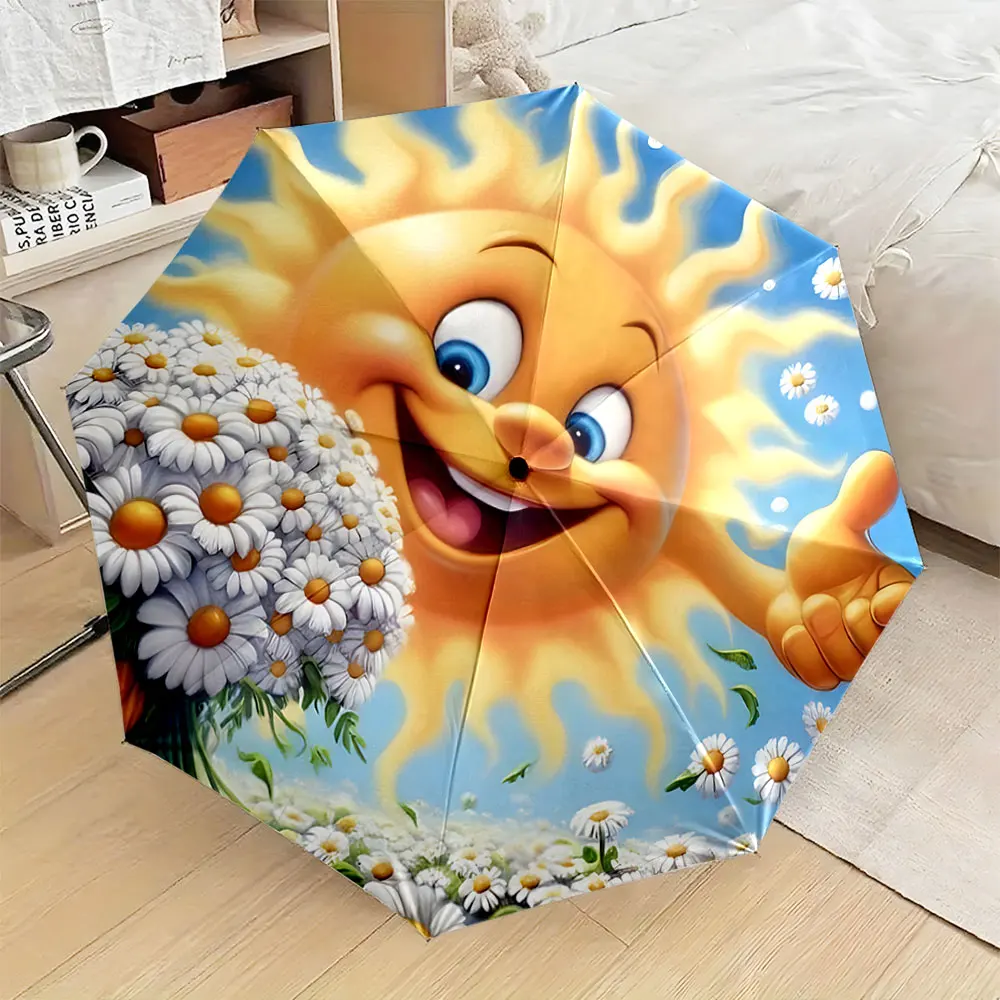 1PC Cheerful sun and daisies design on umbrella Print 8 Iron Ribs Folding Umbrella Auto-Open Fashion Sunshade