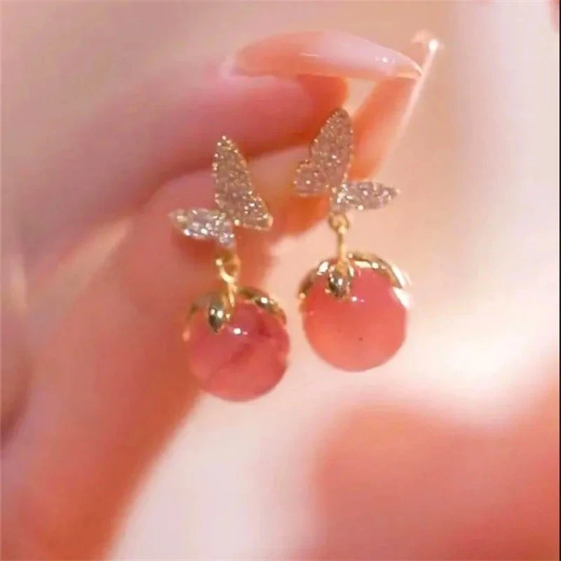 Pink Cat\'s Eye Pendant Zircon Butterfly Stud Earrings for Women Elegant Exquisite Temperament Sweet Girl Jewelry Birthday Gift