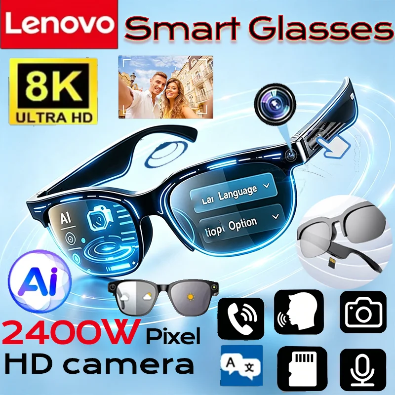 Lenovo 8K Smart Glasses New AI Translation Bluetooth Conversation Recording Listening To Music Insert Cards Smart Sunglasses