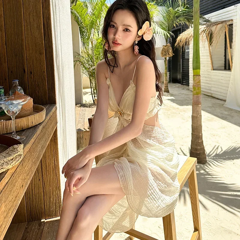 Gentle Fairy Ruffles Suspender One-Piece Swimsuit Beach Wear Korea Lace Bathing Suits Women Hollow Out Swimwear Sexy Pool Bikini