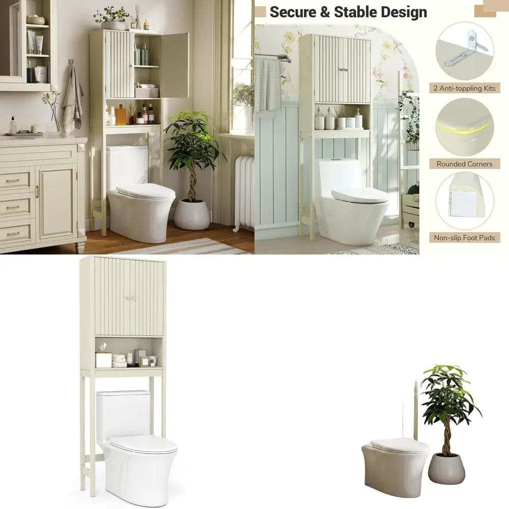 

Space-Saving Cream White Toilet Storage Cabinet with Fluted Doors, Adjustable Shelf and Open Cube