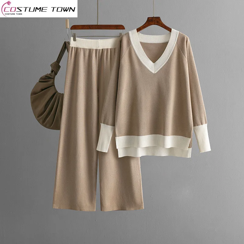 

Fashion and casual women's autumn and winter new V-neck color blocked knitted sweater+wide leg pants two-piece set