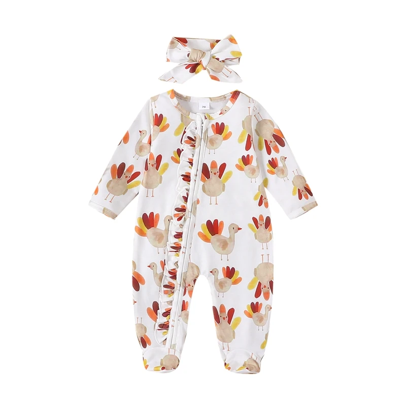 Baby Girls Rompers Infant Thanksgiving Turkey Print Long Sleeve Bodysuit with Headband Newborn Zipper Footed Jumpsuits