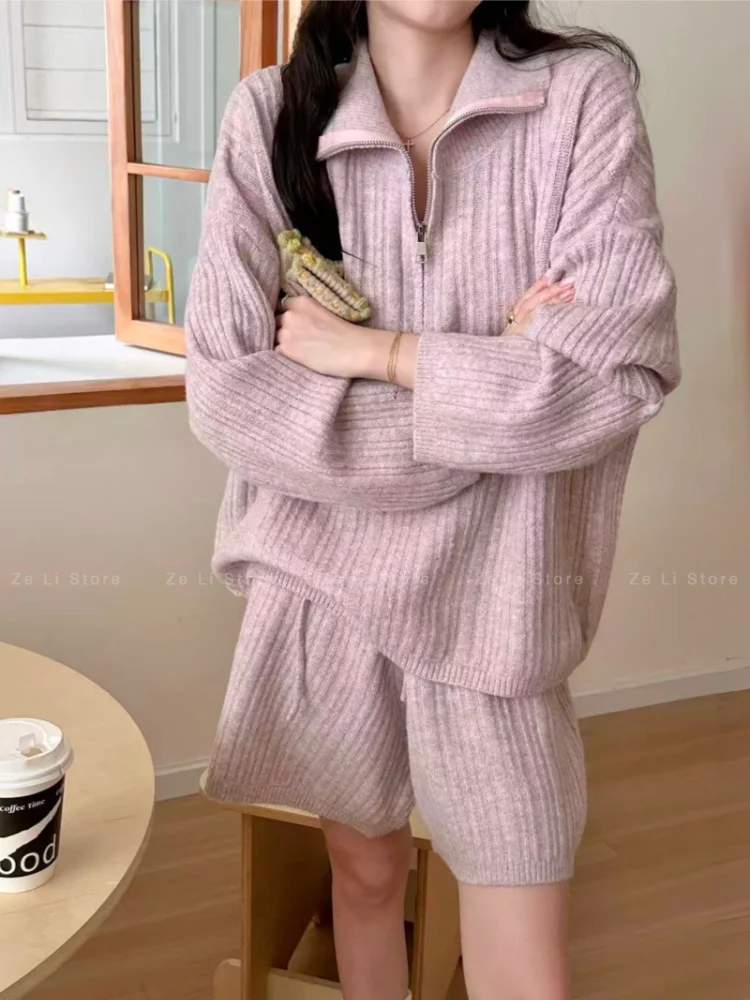 Women's Knitted Set Casual Overhead Half Open Collar Zipper Sweater Autumn Winter Loose Waist Shorts Two Piece Set