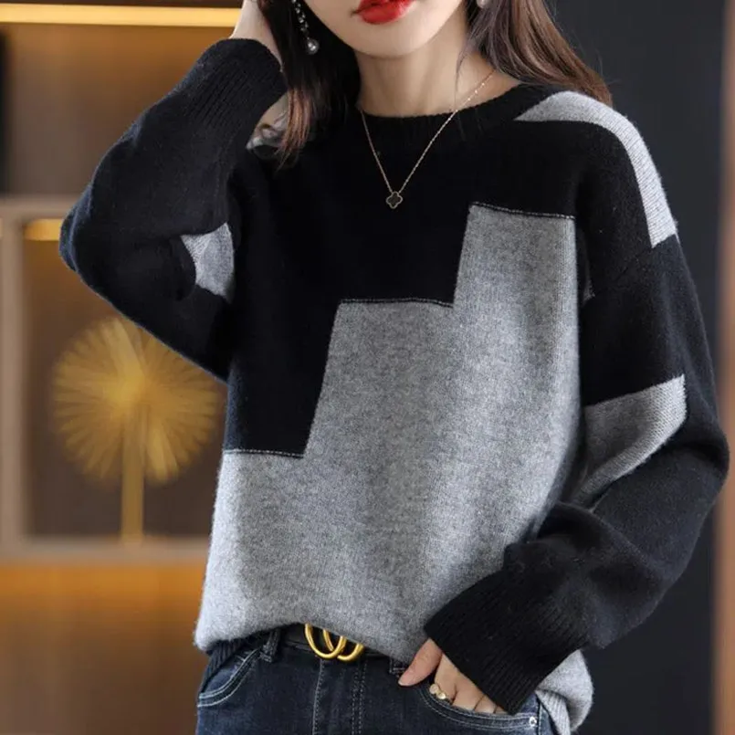 2023 Autumn/Winter New Round Neck Pullover Sweater Women\'s Autumn/Winter Versatile Long Sleeve Top Color Matching Knitted Sweate