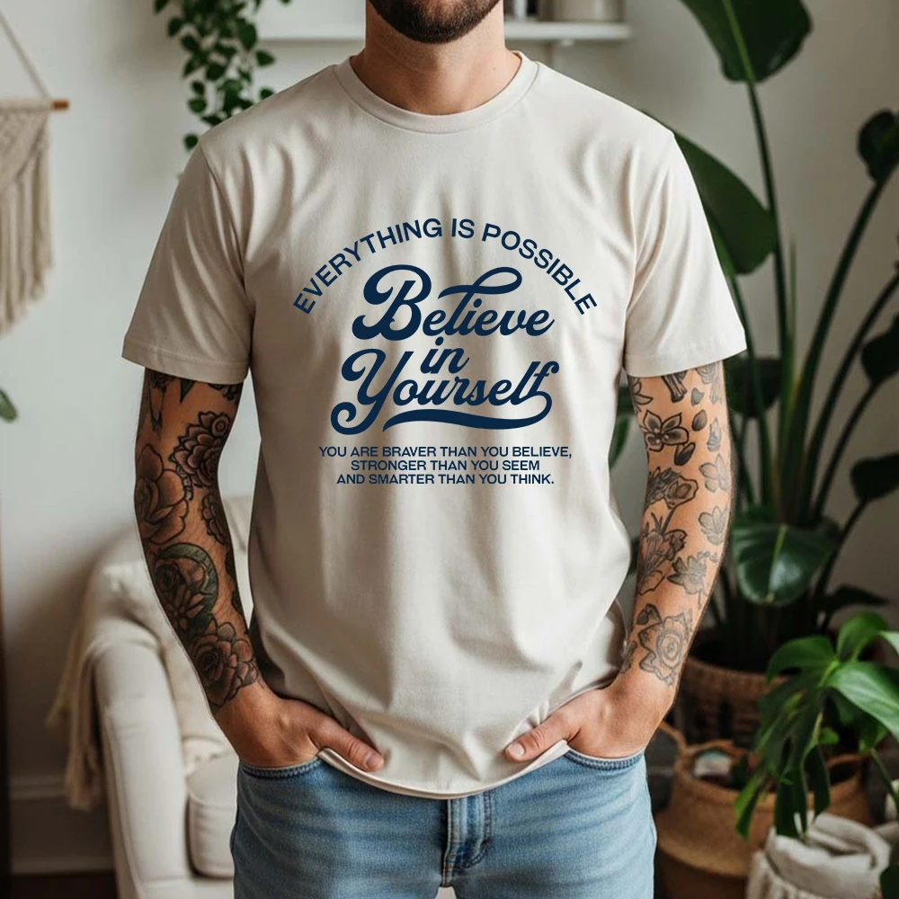 Mens 100% Cotton T Shirt Retro Script Believe In Yourself Text Print Breathable Casual Short Sleeve For Street Daily Wear