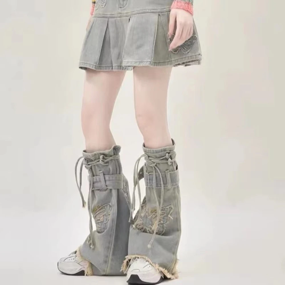 Y2K Harajuku Denims Leg Covers Vintage Embroidered Butterfly Punk Jeans Belt Lace-up Flared Calf Socks Leg Warmers for Women