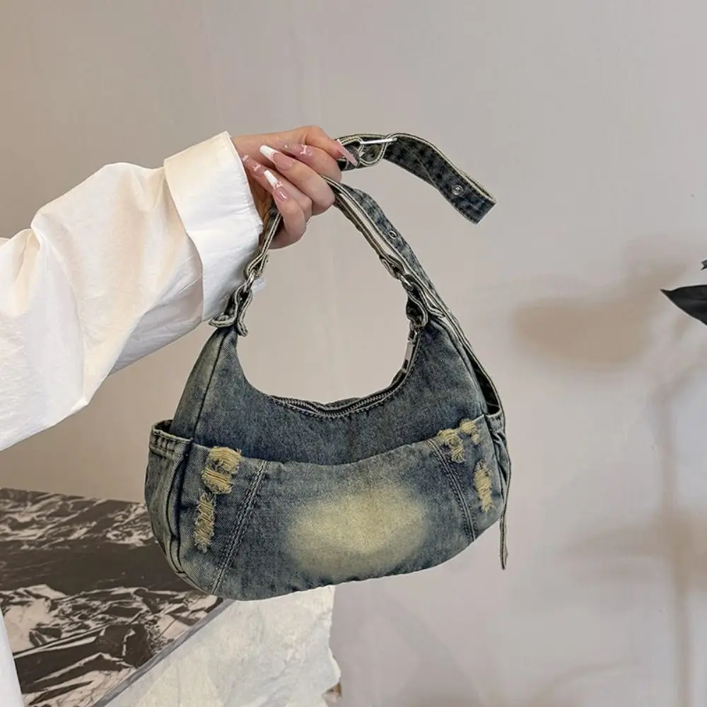 

Fashion Casual Cowboy Dumpling Bag Adjustable Strap American Style Denim Tote Bag Harajuku Retro Casual Underarm Bag Commuting