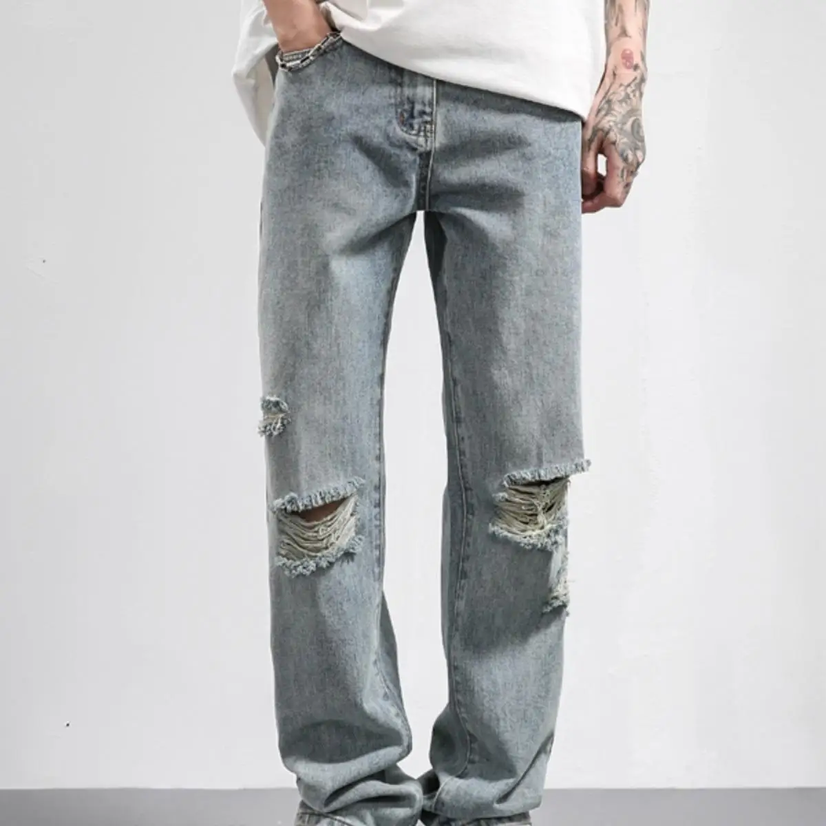 

American Sle Men's Jeans Spring Autumn Waed Ripped Straight Leg Loose Fit Casual Long Pants Trendy Youth Faion