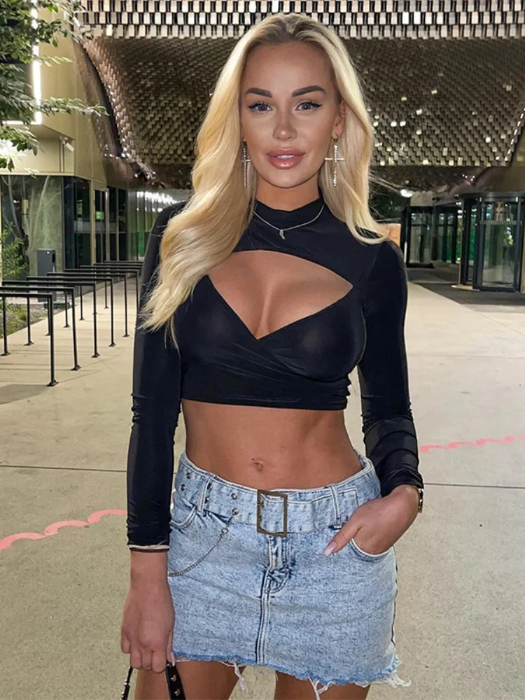 

Solid Slim Short Crop Top Women Hollow Out Y2k Accessories Long Sleeve Aesthetic Clothes Streetwear Roupas Femininas Estilosas