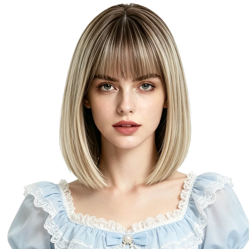 Short Bob Wig With Bangs For Women Ombre Ash Blonde Straight Dark Roots Heat Resistant Synthetic Hair Daily Cosplay Party Use