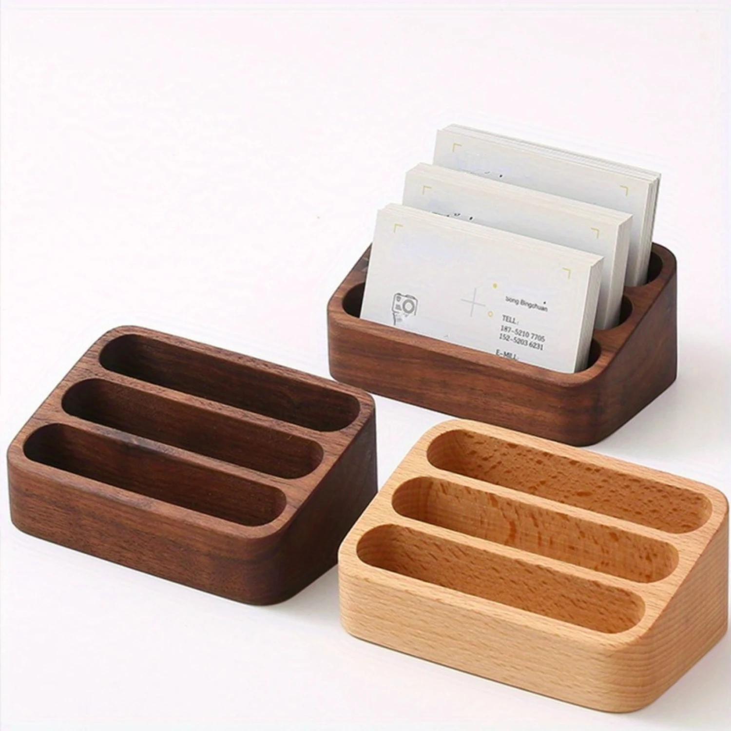 Elegant Multi-Wood Business Card Holder & Memo Stand - Stylish Desk Organizer for Office