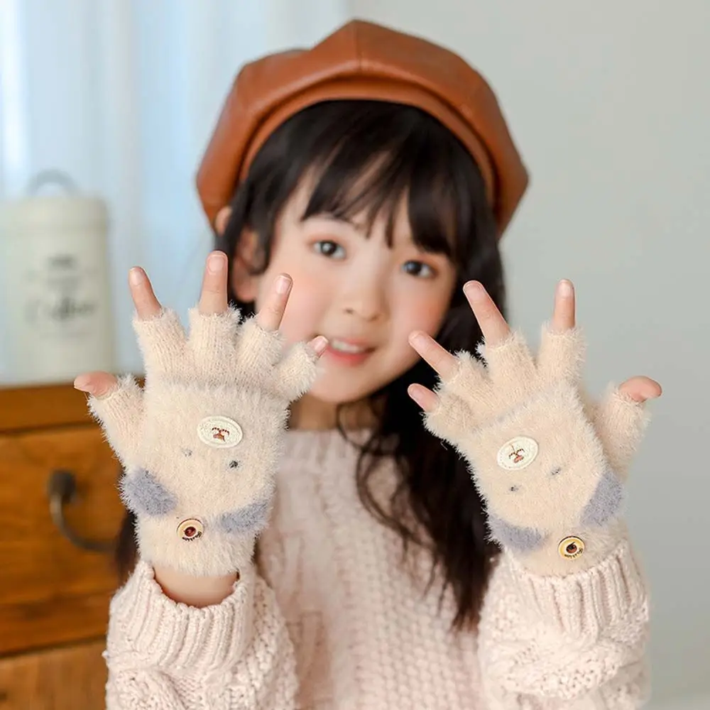 Cute Thick Cat Ear For Kids Children Winter Half Finger Gloves Children Gloves Flip Cover Gloves Korean Knitted Mittens